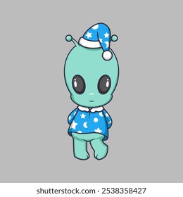 cute alien wearing pajamas and sleeping cap Cartoon Vector Icon Illustration. Scene cloth Icon Concept Isolated Premium Vector