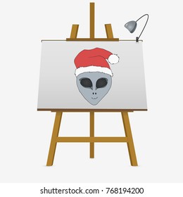 Cute alien wearing santa claus hat. Hand drawn vector illustration