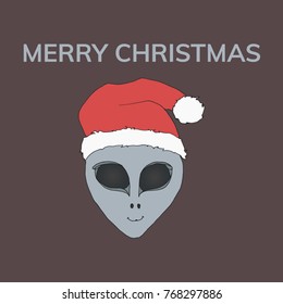 Cute alien wearing santa claus hat. Hand drawn vector illustration