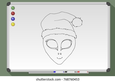 Cute alien wearing santa claus hat. Hand drawn vector illustration