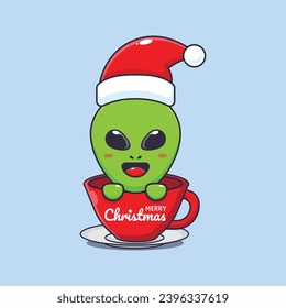 Cute alien wearing santa hat in cup. Cute christmas cartoon character illustration. 