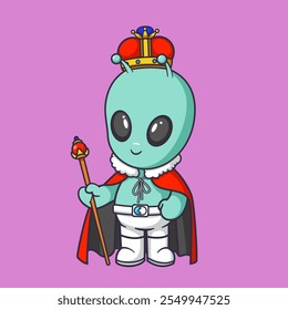 Cute alien wears a king's costume and crown Cartoon Vector Icon Illustration. Scene carnival Icon Concept Isolated Premium Vector