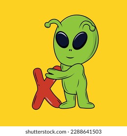 Cute Alien with X Letter Cartoon Sticker vector illustration