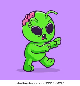 Cute Alien Zombie Walking Cartoon Vector Icon Illustration. Science Holiday Icon Concept Isolated Premium Vector. Flat Cartoon Style