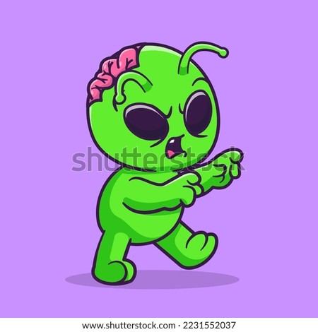 Cute Alien Zombie Walking Cartoon Vector Icon Illustration. Science Holiday Icon Concept Isolated Premium Vector. Flat Cartoon Style