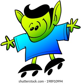 Cute alien-like boy with green skin, pointy ears and a big smile while wearing a big blue tee and trying to keep balance when skating enthusiastically