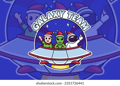 cute of aliens, astronauts, and people in Christmas costume ride ufo with galaxy background mascot logo