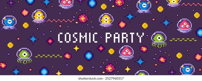 Cute aliens and colorful stars float around a dark background with text Cosmic Party in pixel art style. Ideal for childrens parties fantasy themes outer space events sci-fi designs and gaming