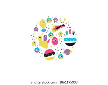 cute aliens, cosmic world, vector illustration