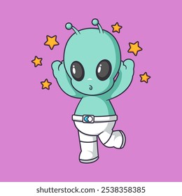 Cute aliens dance happily with the stars Cartoon Vector Icon Illustration. Scene holiday Icon Concept Isolated Premium Vector