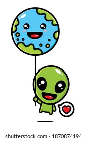 cute aliens flying with earth balloons