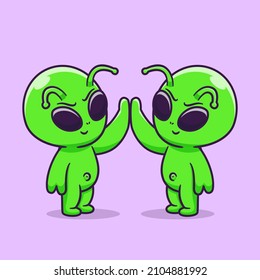 Cute Aliens High Fives Cartoon Vector Icon Illustration. Science Technology Icon Concept Isolated Premium Vector. Flat Cartoon Style