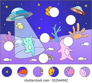 Cute aliens landing on the planet's surface: complete the puzzle and find the missing parts of the picture. Vector illustration. Educational game for kids