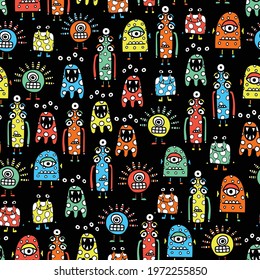 Cute Aliens monsters seamless pattern vector black. Funny Childrens repeating background with funny characters for fabric design, wallpaper, wrapping, kids wear.