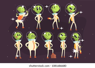 Cute Aliens In Space Suits, Spaceship Crew Of Little Green Men Funny Cartoon Characters In White Outfit