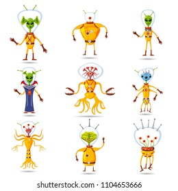 Cute Aliens In Space Suits, Spaceship Crew Cartoon Characters, vector, isolated