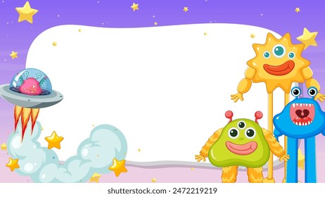 Cute aliens with spaceship and stars