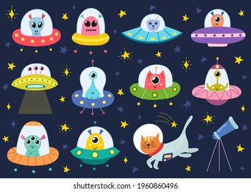 Cute aliens in spaceships collection. Space ufo characters set. Hand drawn monsters in the universe. Vector illustration