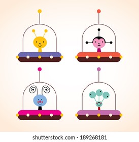 cute aliens in spaceships kids design elements set