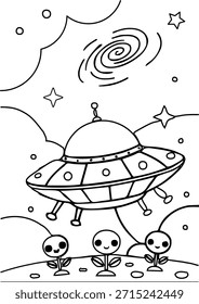 Lindos extraterrestres y OVNI en el espacio exterior para colorear hoja de cálculo imprimible para niños actividad creativa.