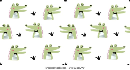 Cute aligator seamless pattern. animal cartoon character. flat vector illustration. Template for Notebook covers, pattern for wallpapers, textile or nature background. childish motifs