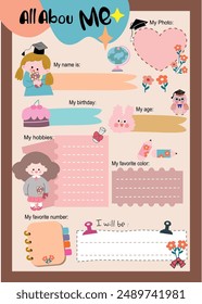 Cute All about me, cute cartoon all about me and student, baby shower card, school all about me 