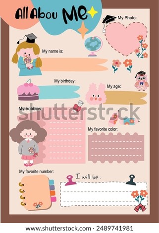 Cute All about me, cute cartoon all about me and student, baby shower card, school all about me 