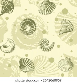 Cute all over nautical, sea shells seamless printable pattern. Hand drawn organic fossil pattern ideas for backdrops, home decor, textile, poster, banner, templates, brochure, carpet and rugs.