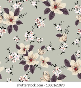 cute all over orange vector flowers leaves pattern on background