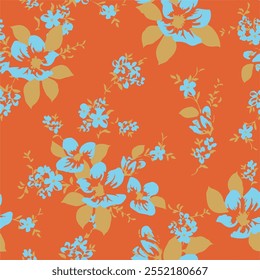 Cute all over orange vector flowers leaves pattern on background