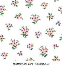 cute all over pink and brown small vector flowers bunches pattern of white