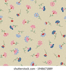 cute all over seamless blue pink and red small vector flowers leaves pattern on cream background