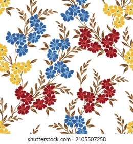 cute all over seamless floral vector red yellow and blue small flowers with brown leaves pattern of white