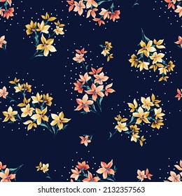 cute all over seamless floral vector orange and yellow small flowers with green leaves pattern on navy background