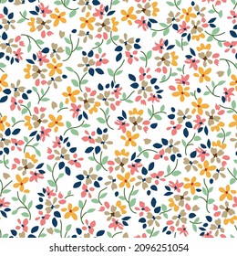 cute all over seamless vector pink cream and yellow small flowers with green leaves pattern of white