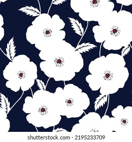 cute all over seamless white flowers leaves pattern on navy background