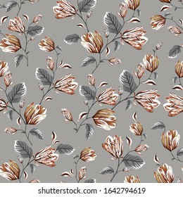 cute all over vector flowers with leaves pattern on grey background