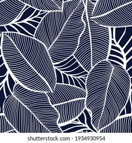 cute all over white seamless vector leaf pattern on navy background