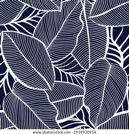 cute all over white seamless vector leaf pattern on navy background
