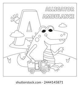 Cute Alligator and ambulance. Transport and animals. Letter A. Coloring page. Alphabet, card with cute cartoon style characters. ABC. Education for children. Preschool activity. Vector illustration.