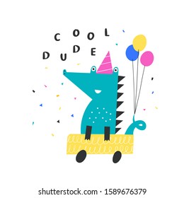Cute alligator in a car with a balloons. Lettering cool dude. Colorful design. Vector illustration.