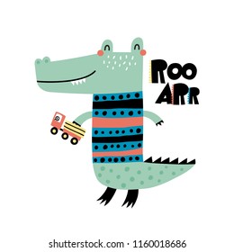 Cute alligator. Cartoon creative crocodile vector illustration in scandinavian style. Vector Illustration. Can be used print print for t-shirts, home decor, posters, cards.