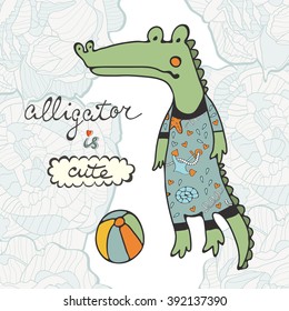 Cute alligator character with a ball