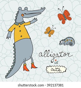 Cute alligator character with butterflies and iguana
