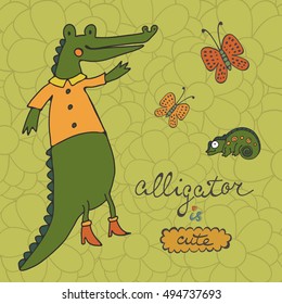 Cute alligator character with butterflies and iguana