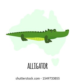 Cute alligator character with silhouette of Australian map isolated on white background. Vector illustration of australian animal, wild life and fauna.
