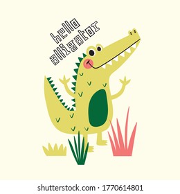 cute alligator drawing for tee print as vector