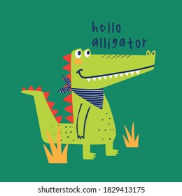 cute alligator drawing for tee print as vector