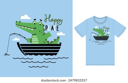 Cute alligator fishing illustration with tshirt design premium vector the Concept of Isolated Technology. Flat Cartoon Style Suitable for Landing Web Pages,T shirt, Flyers, Stickers