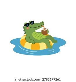 Cute alligator floating on swim ring vector illustration, cartoon crocodile relaxing in water with coconut drink, flat summer pool party graphic